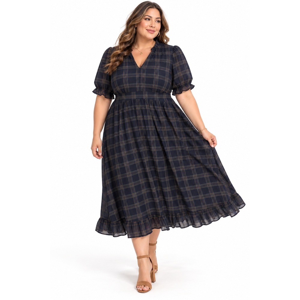 Les Serein Arnette Midi Dress Navy Plaid V-Neck Ruffle 3X NWT